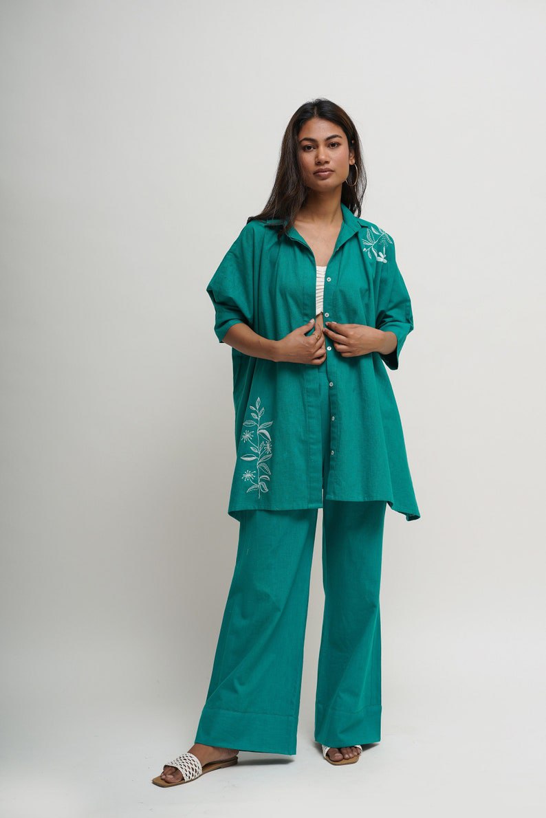 Summer Embroidered Co-ord set with Pockets, Organic Cotton, Oversized Shirt and Pants, Travel Smart Casual Outfit, Custom Plus Size, Petite