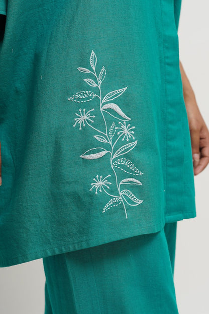 Summer Embroidered Co-ord set with Pockets, Organic Cotton, Oversized Shirt and Pants, Travel Smart Casual Outfit, Custom Plus Size, Petite