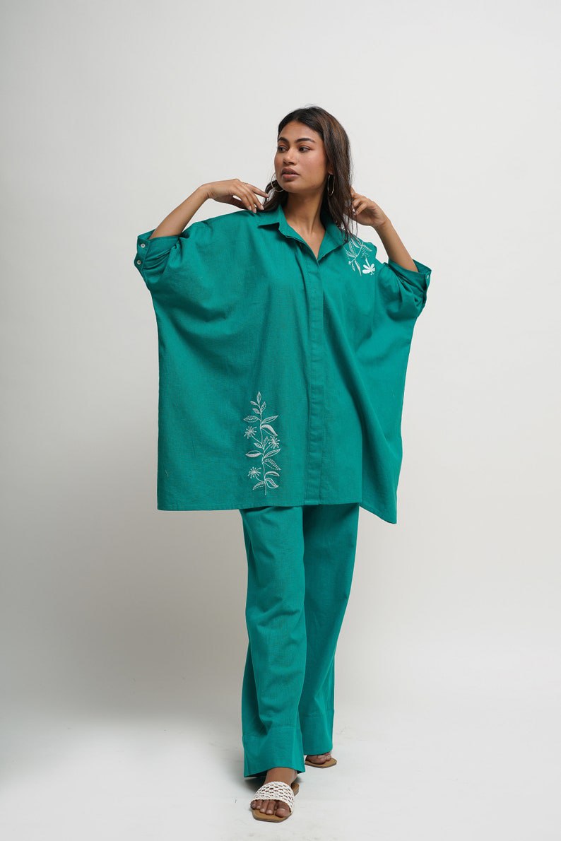 Summer Embroidered Co-ord set with Pockets, Organic Cotton, Oversized Shirt and Pants, Travel Smart Casual Outfit, Custom Plus Size, Petite