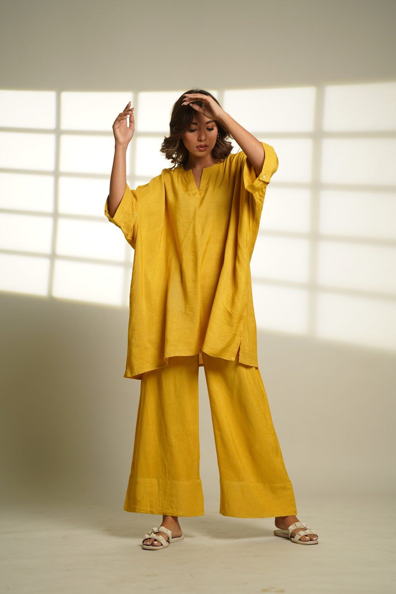 Cotton loungewear sets, mustard cotton pajama sets, oversized tunic sets, cotton pajamas, long oversized tops and pants, gifts for women