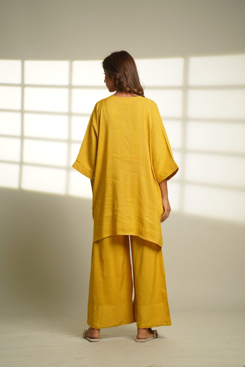 Cotton loungewear sets, mustard cotton pajama sets, oversized tunic sets, cotton pajamas, long oversized tops and pants, gifts for women
