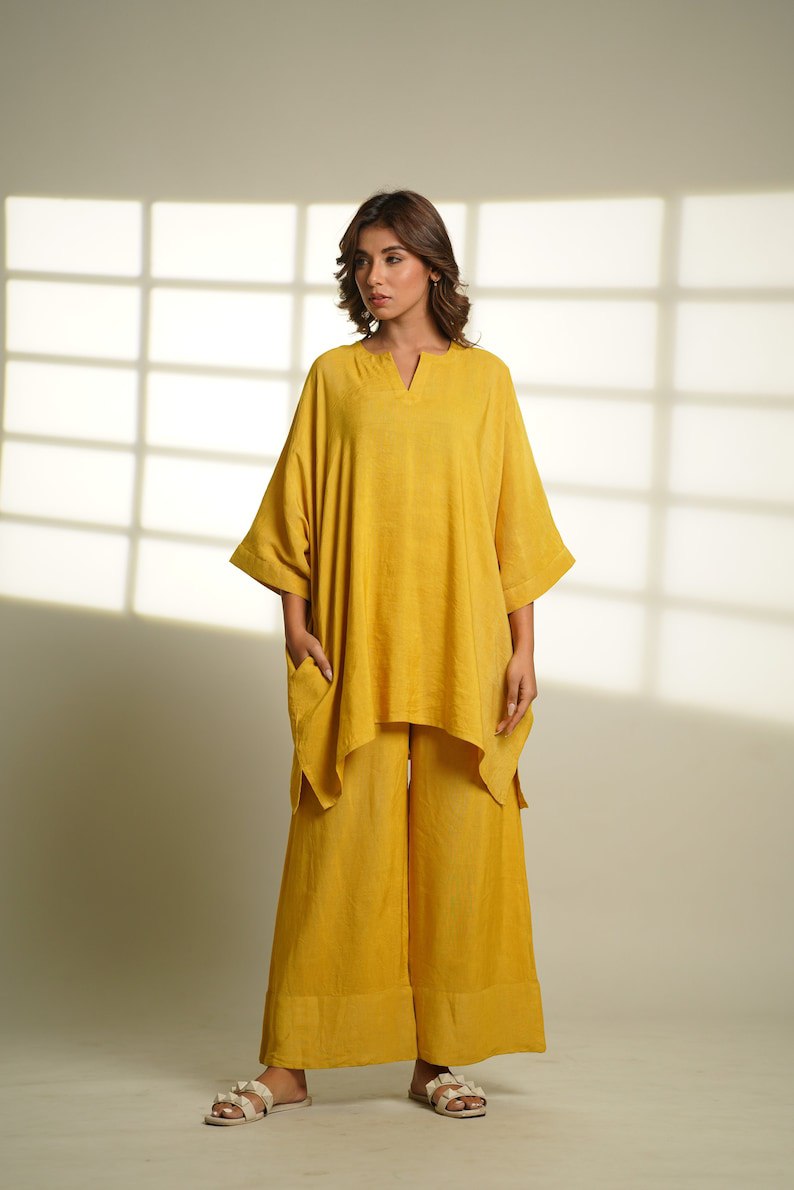 Cotton loungewear sets, mustard cotton pajama sets, oversized tunic sets, cotton pajamas, long oversized tops and pants, gifts for women