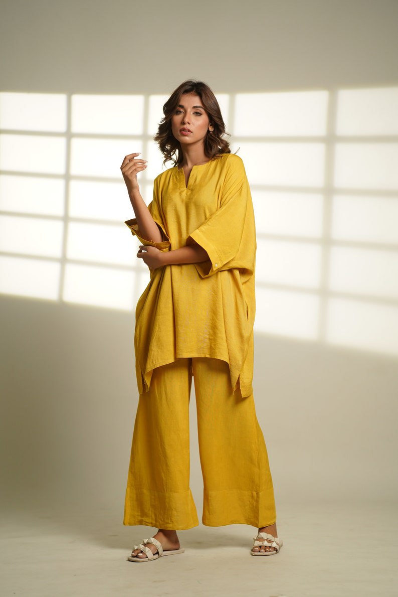 Cotton loungewear sets, mustard cotton pajama sets, oversized tunic sets, cotton pajamas, long oversized tops and pants, gifts for women