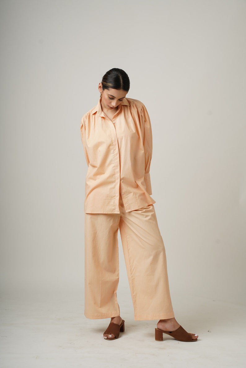 Summer Gathered Co-ord set, Organic Cotton, Oversized Shirt and Pants, Smart Comfy Casual Outfit, Custom Plus Size, Travel Easy Leisurewear
