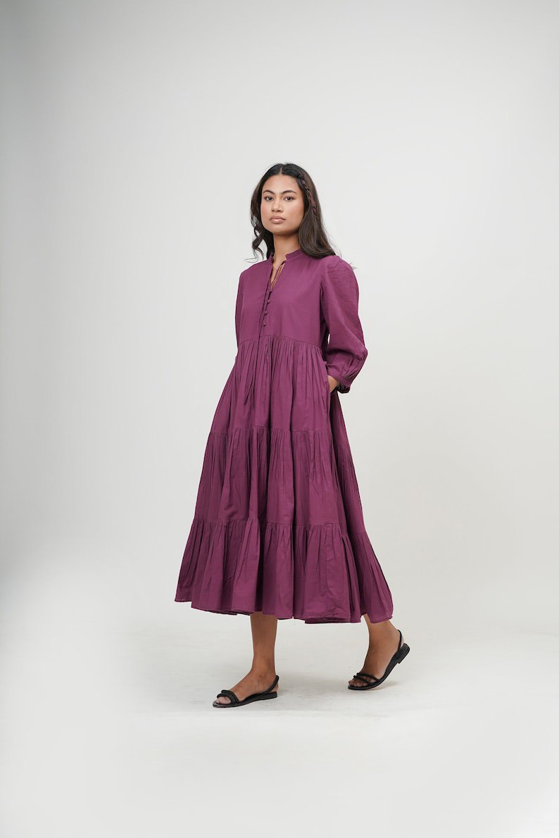 Organic cotton dress, ruffle neck midi dress, purple layered dress, boho tunic with pockets, comfortable and loose fit,