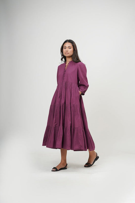 Organic cotton dress, ruffle neck midi dress, purple layered dress, boho tunic with pockets, comfortable and loose fit,