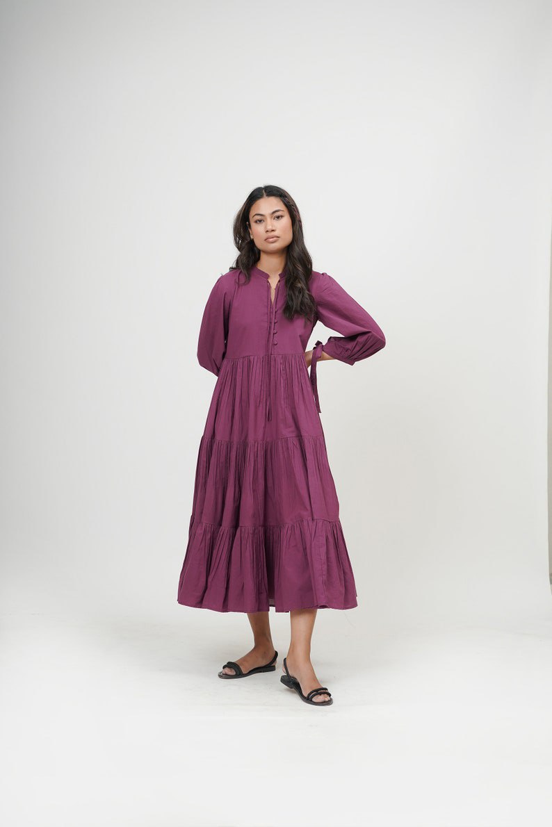 Organic cotton dress, ruffle neck midi dress, purple layered dress, boho tunic with pockets, comfortable and loose fit,