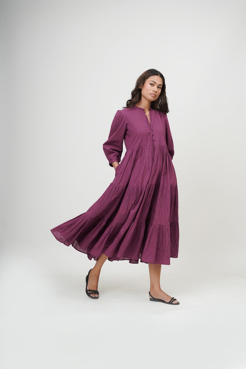 Organic cotton dress, ruffle neck midi dress, purple layered dress, boho tunic with pockets, comfortable and loose fit,