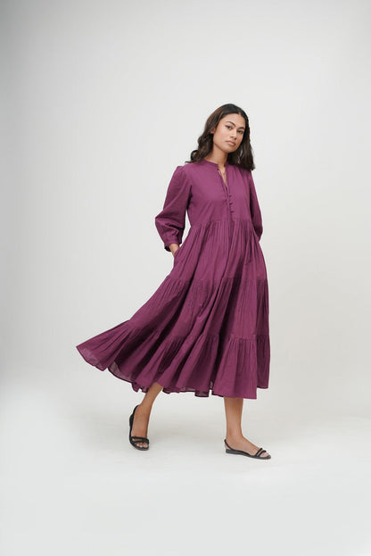 Organic cotton dress, ruffle neck midi dress, purple layered dress, boho tunic with pockets, comfortable and loose fit,