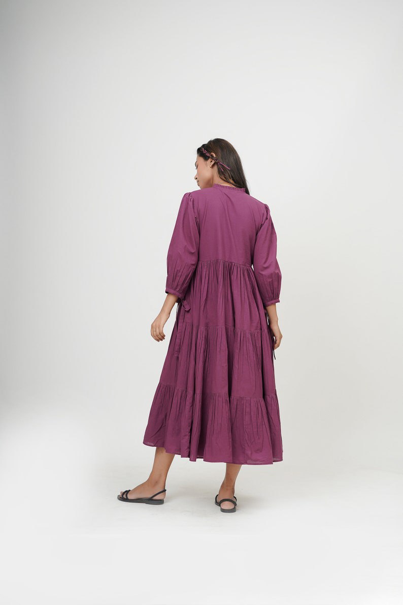 Organic cotton dress, ruffle neck midi dress, purple layered dress, boho tunic with pockets, comfortable and loose fit,