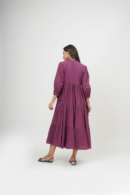 Organic cotton dress, ruffle neck midi dress, purple layered dress, boho tunic with pockets, comfortable and loose fit,