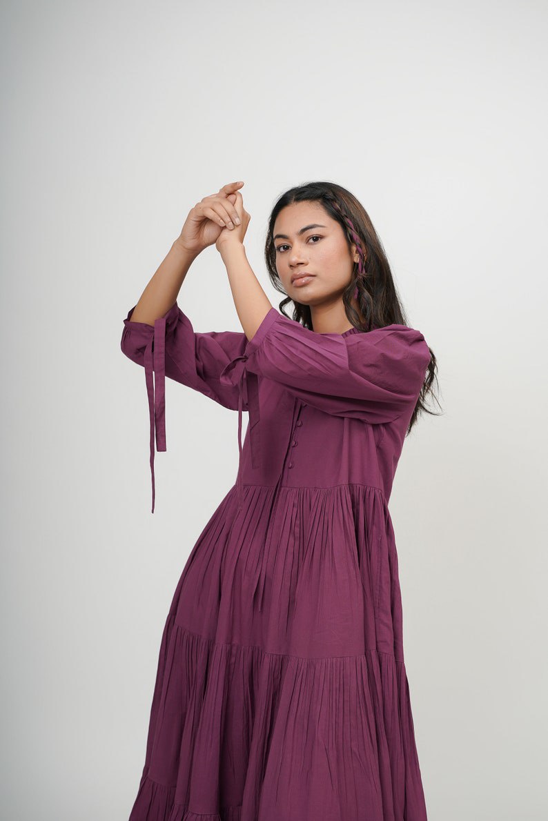 Organic cotton dress, ruffle neck midi dress, purple layered dress, boho tunic with pockets, comfortable and loose fit,