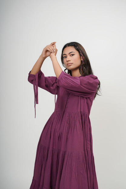 Organic cotton dress, ruffle neck midi dress, purple layered dress, boho tunic with pockets, comfortable and loose fit,