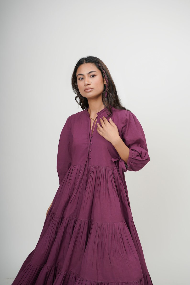 Organic cotton dress, ruffle neck midi dress, purple layered dress, boho tunic with pockets, comfortable and loose fit,