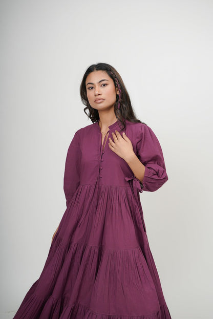 Organic cotton dress, ruffle neck midi dress, purple layered dress, boho tunic with pockets, comfortable and loose fit,