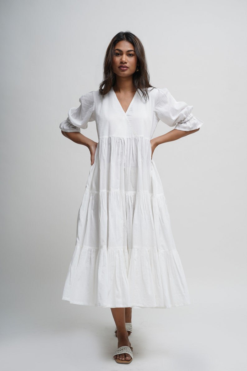 Organic cotton midi dress, white layered dress, bohemian tunic with pockets, comfortable and loose fit