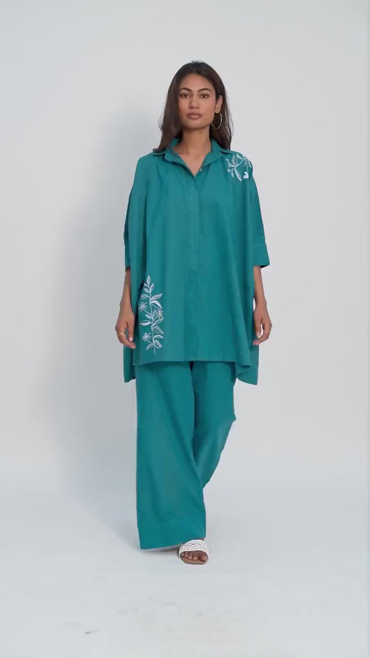 Summer Embroidered Co-ord set with Pockets, Organic Cotton, Oversized Shirt and Pants, Travel Smart Casual Outfit, Custom Plus Size, Petite